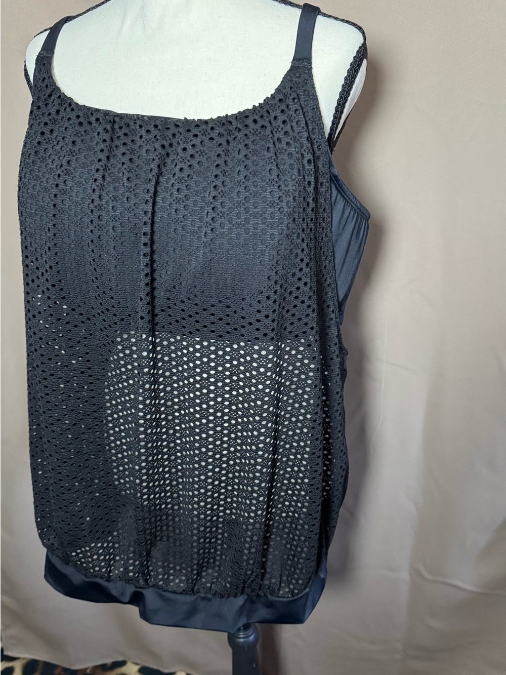 Cacique Black Eyelet Overlay Blouson Racerback Tankini Top